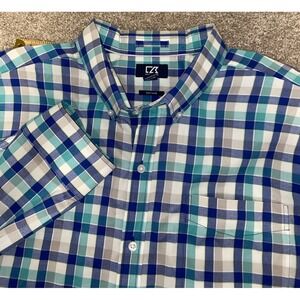Cutter & Buck White/Blue Plaid Mens 3XB Easy Care Button Down Cotton Preppy Work